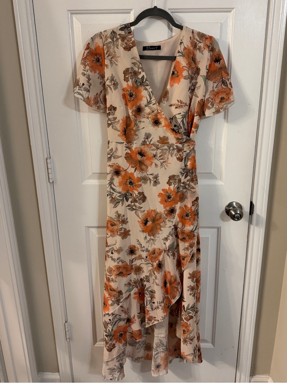 Simplee Apparel Cream Floral High-Low Wrap Dress with Orange Blooms